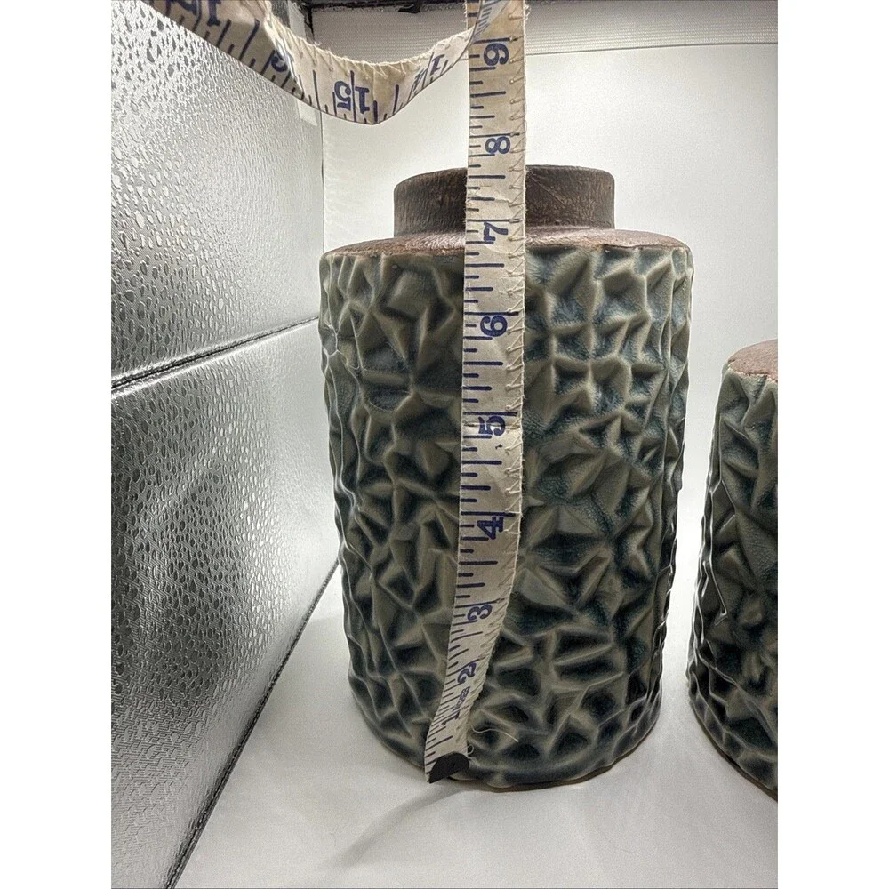 Set Of 2 Textured Blue And White Vases 6” And 8”Tall By 5” Diameter